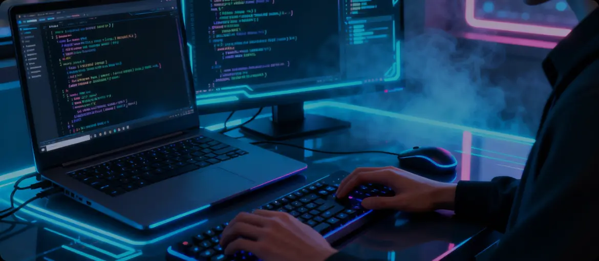 How to hire remote developers through staff augmentation Remote developer writing code on a typical software development setup with a laptop and an external monitor