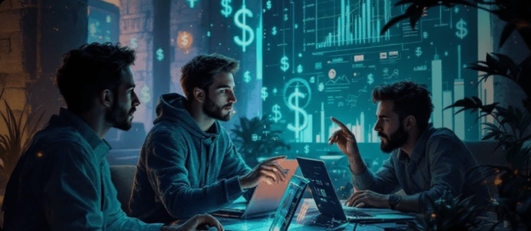 Illustration of experts calculating software development costs in 2025 with laptops and dollar icons