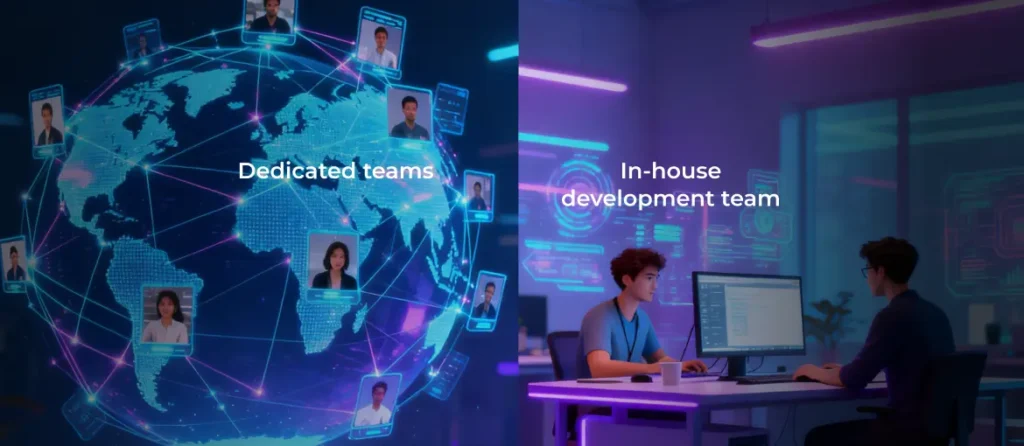 A graphic showing remote team members distributed around the globe on one side and an in-house development team working together in a single office on the other.