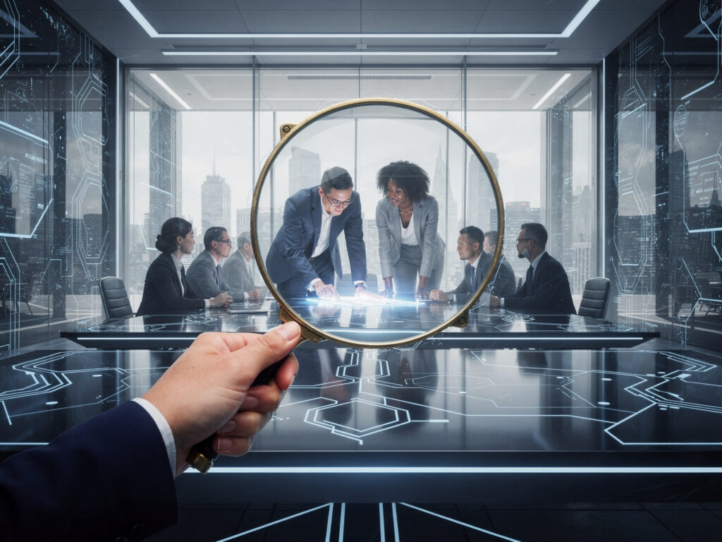 A hand holding a magnifying glass hovering over a group of potential business partners, symbolizing the vendor selection process