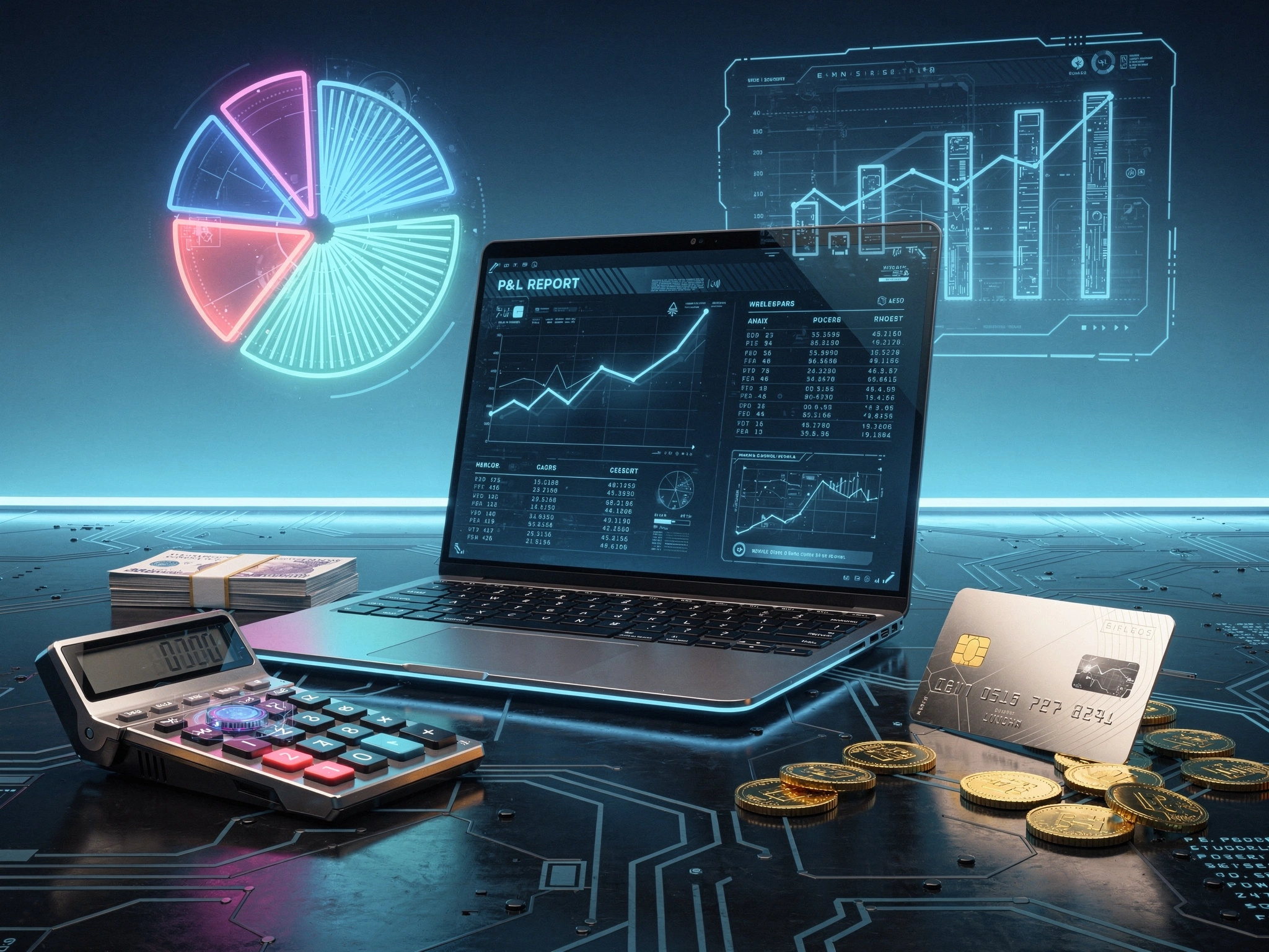 Financial management illustration showing a laptop with analytics, a calculator, cash, a credit card, coins, a pie chart, and a bar graph on a blue background.