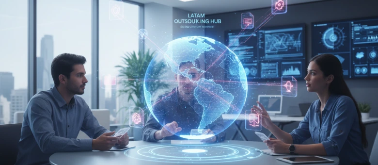 Software development team in a modern office setting using a holographic global interface to represent Latin American outsourcing