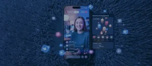 A high-fidelity mockup of a live streaming app development project, illustrating a user interface with live comments, reaction emojis, and a clear streaming status indicator
