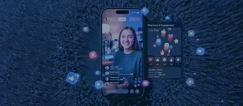 A high-fidelity mockup of a live streaming app development project, illustrating a user interface with live comments, reaction emojis, and a clear streaming status indicator